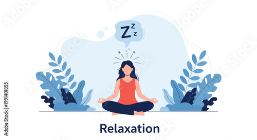 Woman meditating in a lotus pose surrounded by leaves with a sleep bubble to represent relaxation and mental peace.