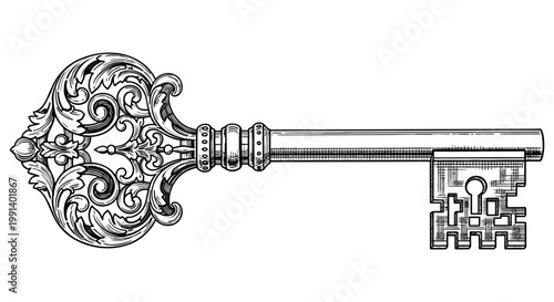 Large ornate antique skeleton key with decorative handle