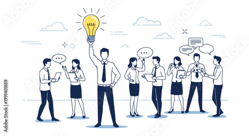Group of business people discussing while one man in the center holds up a bright glowing light bulb representing an idea.
