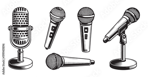 Detailed retro microphone graphics for musical recording and podcasting equipment collection classic studio style.