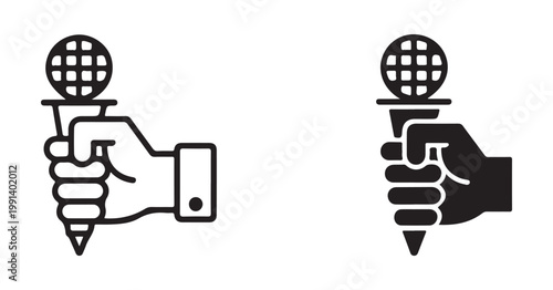 Journalist hand holding a microphone with a globe grid, in line art and solid black styles.