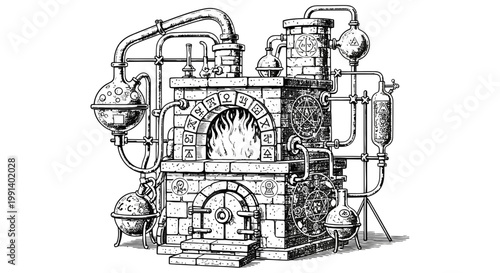 Industrial machine with pipes and valves illustrated in a technical drawing style with various mechanical components