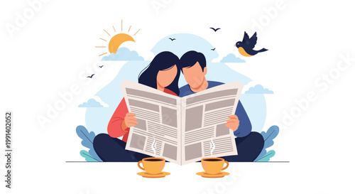 Young couple sitting cross-legged outdoors reading large newspaper together while enjoying morning coffee with sun and birds in background.