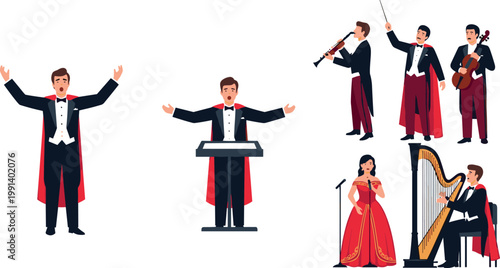 Orchestra conductor and musicians vector set with classical music performers violin harp and concert illustration collection