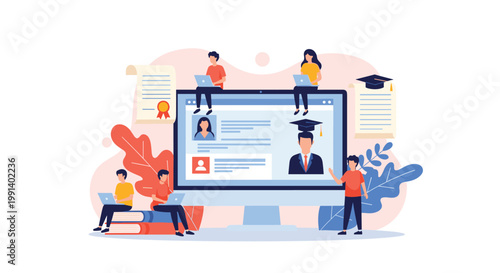 Online education concept showing small students learning via large computer screen with digital diplomas and academic graduation caps.