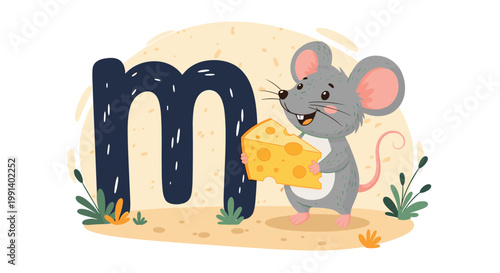 Educational alphabet illustration for kids featuring a cute gray mouse holding a wedge of cheese next to the letter m.