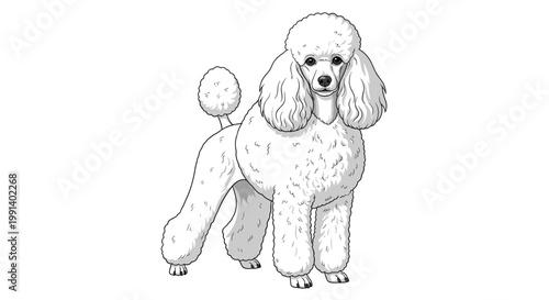 Elegant white poodle dog with a professional show cut standing against a plain white background in a noble profile pose.