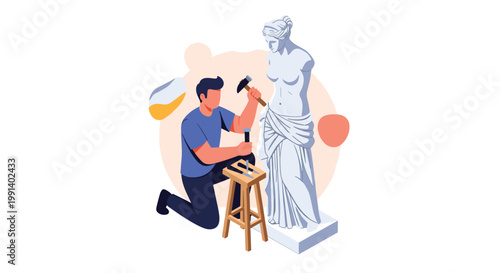 Male artist sculptor using a hammer and chisel to create a classical female marble statue in a professional art studio.