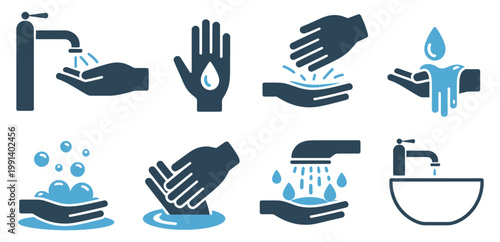 Hand washing with soap icon collection, minimal vector set representing hygiene, sanitation, and cleanliness guidelines for public and workplace environments, modern design suitable for health