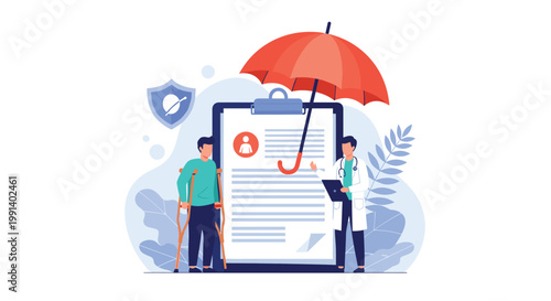 Healthcare insurance concept showing a doctor and an injured patient with crutches under a protective red umbrella on a clipboard.