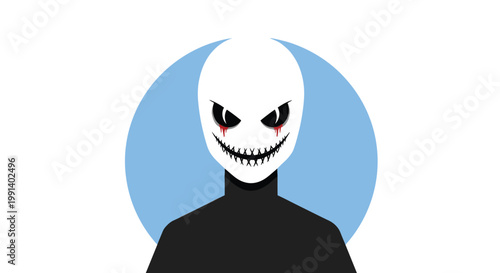 Spooky character wearing a white mask with an evil grin and bleeding black eyes against a simple blue circular background.