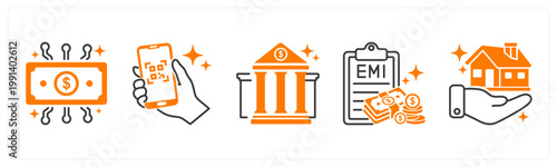 A set of 5 mix icons as fintech app, scan to pay, banking app