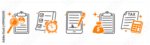A set of 5 mix icons as search candidate, deadline, agreement
