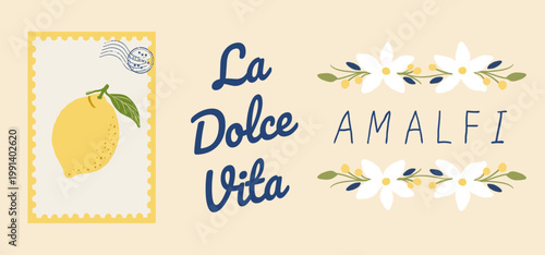Italian poster elements set, Amalfi lemon design with La Dolce Vita typography