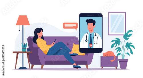 Patient sitting on a living room sofa having a remote medical consultation with a doctor via a large smartphone screen.