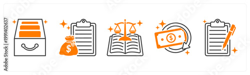 A set of 5 mix icons as archive box, loan, regulation