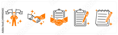 A set of 5 mix icons as leadership, handshake, contact agreement