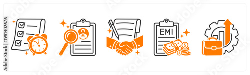 A set of 5 mix icons as deadline, search candidate, contract