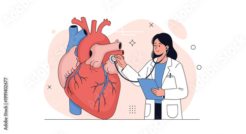 Cardiologist female doctor examining a giant realistic human heart model with a stethoscope to illustrate cardiovascular health.