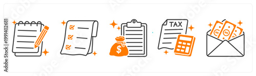 A set of 5 mix icons as notepad, receipt, loan