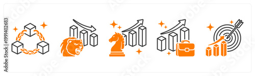 A set of 5 mix icons as blockchain, bear market, competitive advantage