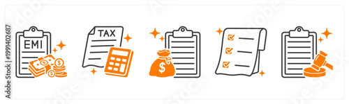 A set of 5 mix icons as emi payment, tax, loan