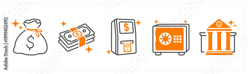 A set of 5 mix icons as money bag, cash, atm