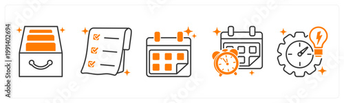 A set of 5 mix icons as archive box, receipt, calendar