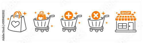 A set of 5 mix icons as shopping bag, shopping cart, add to cart