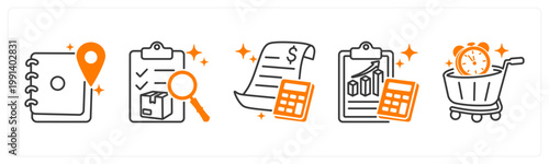 A set of 5 mix icons as address book, product details, bill