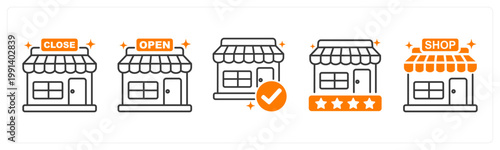 A set of 5 mix icons as store closed, store open, store approval