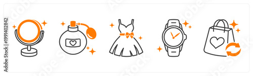 A set of 5 mix icons as mirror, perfume, dress