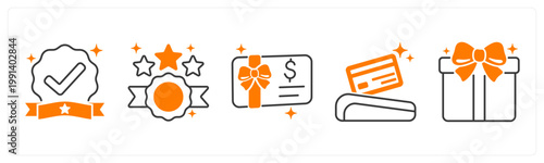 A set of 5 mix icons as verified badge, top rated, gift card