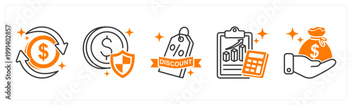 A set of 5 mix icons as cashback, payment success, flash sale