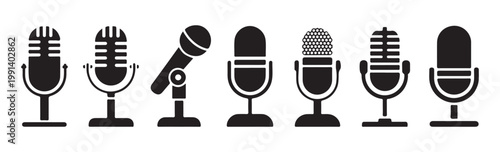 Set of black microphones icons in flat style. retro microphone, stand microphone, karaoke mic, record music, media equipment.