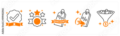 A set of 5 mix icons as verified badge, top rated, discount