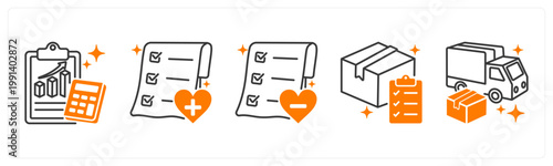 A set of 5 mix icons as sales report, add to wishlist