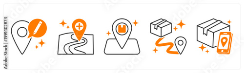 A set of 5 mix icons as edit address, add address, pickup point