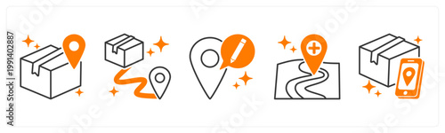 A set of 5 mix icons as delivery location, delivery status, edit address
