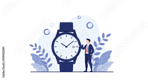 Professional businessman standing next to large wrist watch symbolizing time management and punctuality in office.