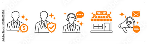 A set of 5 mix icons as affiliate, verified buyer, chat support