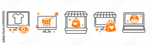 A set of 5 mix icons as recently viewed, ecommerce growth, vendor store