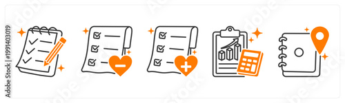 A set of 5 mix icons as wishlist, remove from wishlist, add to wishlist