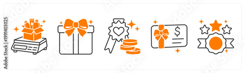 A set of 5 mix icons as weight machine, gift, loyalty points