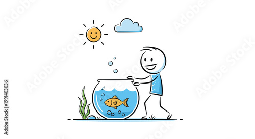 Simple stick figure man watching happy goldfish swimming in glass bowl under bright sun and blue cloud scene.