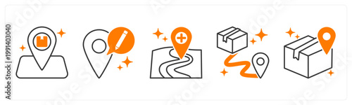 A set of 5 mix icons as pickup point, edit address, add address