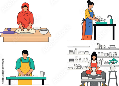 Pottery and cooking activities set with people kneading dough washing dishes and ceramic making workshop vector illustration