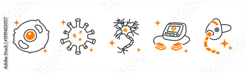 A set of 5 mix icons as cell, virus, neuron