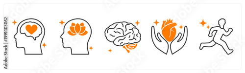 A set of 5 mix icons as mental health, stress relief, brain