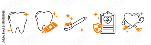 A set of 5 mix icons as dental care, tooth paste, tooth brush